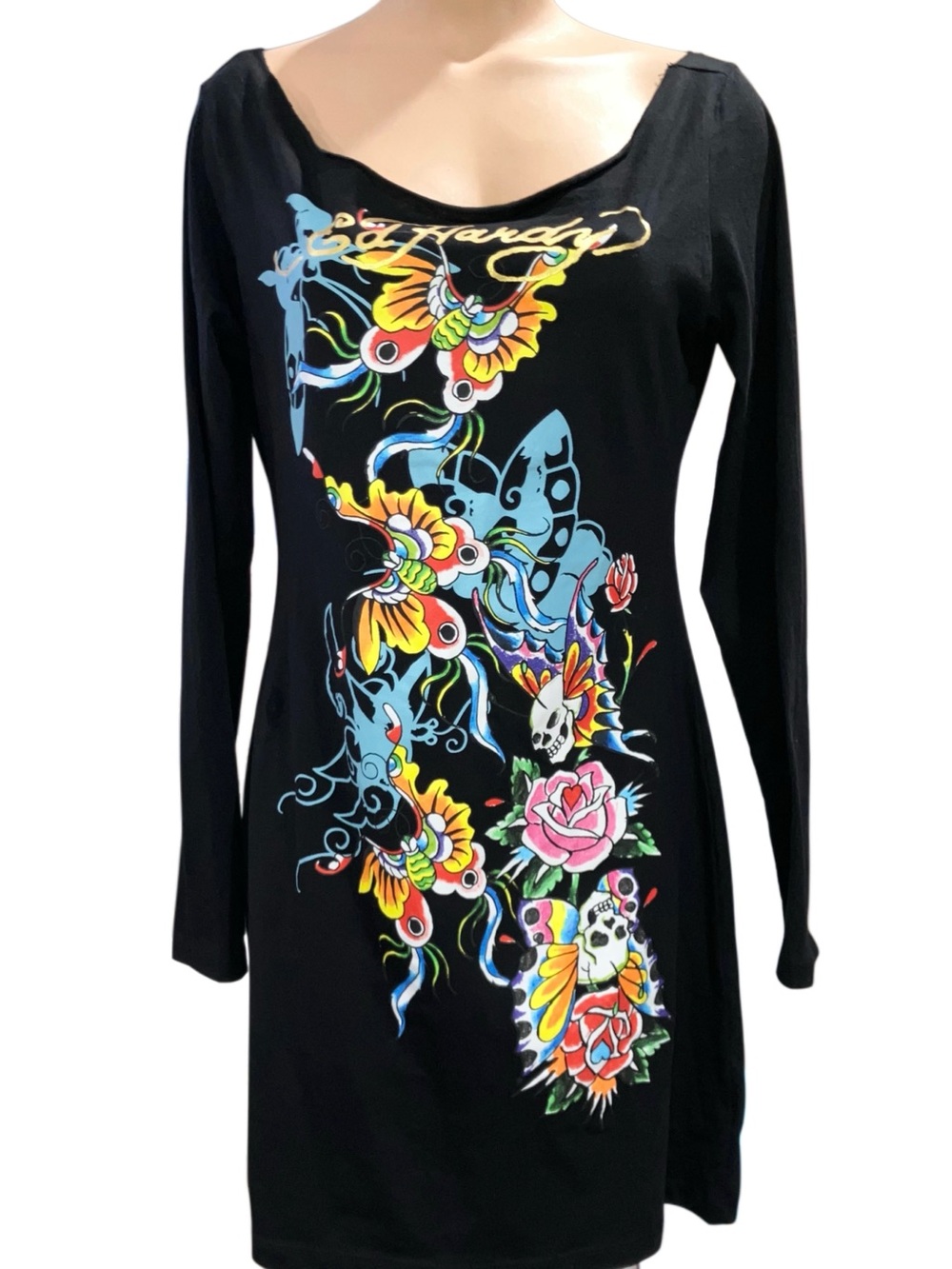 Ed Hardy Black Long Sleeve Bodycon Mini Dress Tattoo Butterfly Skull Roses XL